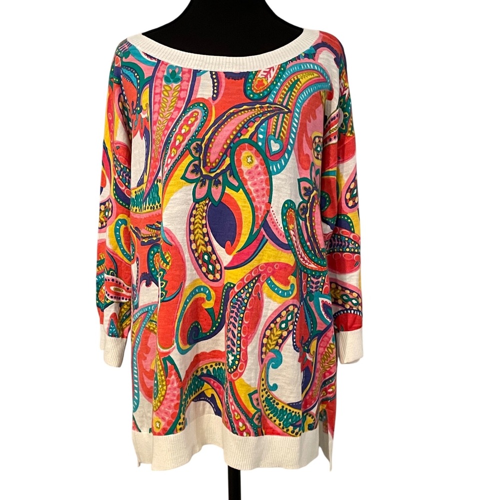 Talbots Plus Size X Colorful Paisley Boat Neck Lightweight Sweater Top bohemian